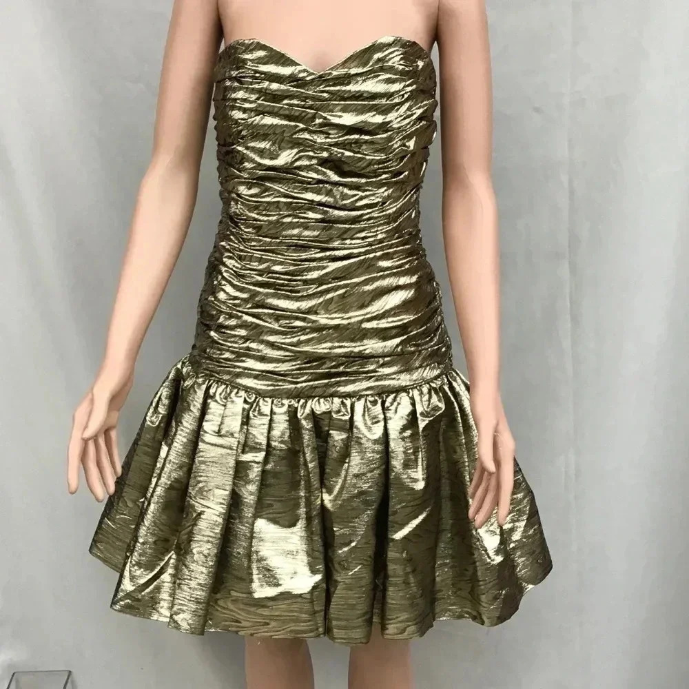 VTG Victor Costa Gold Lame Strapless dress 80s Ruched Pleated Party Glam 6